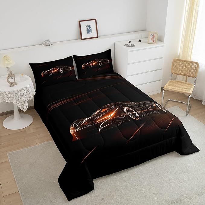 Feelyou Orange Race Car Bedding Set King Size for Kids Boys Extreme Sport Games Comforter Set Teens Toddler Fast and Furious Duvet Set Cool Modern Quilt Set 3Pcs