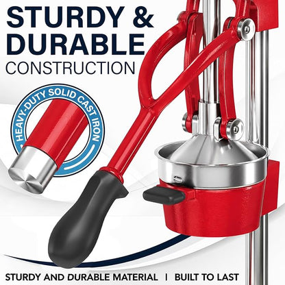 Eurolux Ultra-Premium Cast Iron Juicer | Extra-Large, Heavy Duty, Commercial Grade, Stainless Steel Manual Hand Press Citrus Squeezer For Fresh Orange Juice, Pomegranate, Lemon, and Much More (Red)