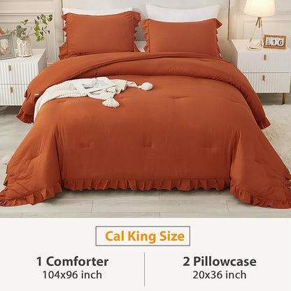 Andency California King Comforter Set Burnt Orange (104x96Inch), 3 Pieces Cal King Ruffle Comforter, Oversized Farmhouse Shabby Chic Bed Comforter, Lighteweight and Soft Microfiber Bedding Set
