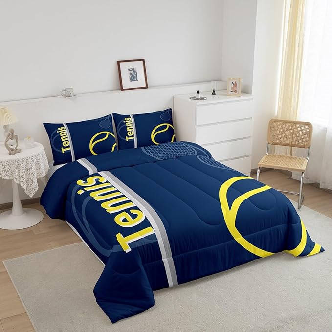 Feelyou Kids Tennis Comforter Set Queen Size Tennis Sports Bedding Set for Boys Girls Teens Bedroom Decor Tennis Gaming Comforter Blue Yellow Tennis Lovers Duvet Set with 2 Pillow Case