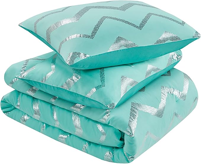 Codi Metallic Teal and Silver Comforter Set, Full/Queen Size, Cute Aqua Turquoise Bedding Sets, 4 Piece (2 Matching Sham + 1 Decorative Pillow)