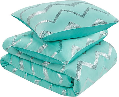 Codi Metallic Teal and Silver Comforter Set, Full/Queen Size, Cute Aqua Turquoise Bedding Sets, 4 Piece (2 Matching Sham + 1 Decorative Pillow)