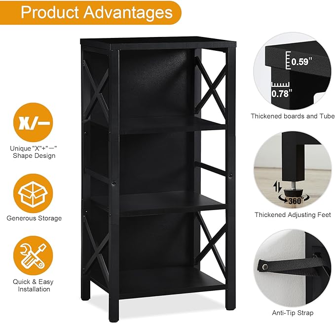 Bookcase, Industrial Small Bookshelf,4-Tier Narrow Bookcase Storage Organizer, Small Book Shelf for Small Spaces, Living Room, Bedroom and Home Office, Black