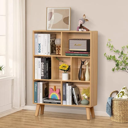 LEYAOYAO Wooden 7 Cube Book Shelf, Natural 3 Tier Bookshelf with Legs, Modern Open Storage Organizer,Boho Bookcase,Display Cabinet Shelf Free Standing Bookshelves for Bedroom,Living Room,Office