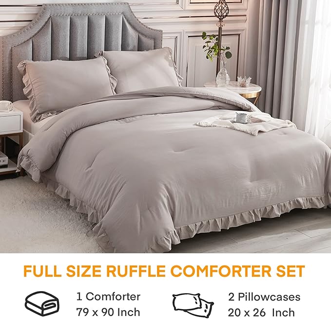 Andency Wheat Ruffle Comforter Full(79x90Inch), 3 Pieces(1 Ruffled Comforter and 2 Pillowcases) Vintage Ruffle Fringe Comforter, Farmhouse Rustic Microfiber Down Alternative Bedding Comforter Set