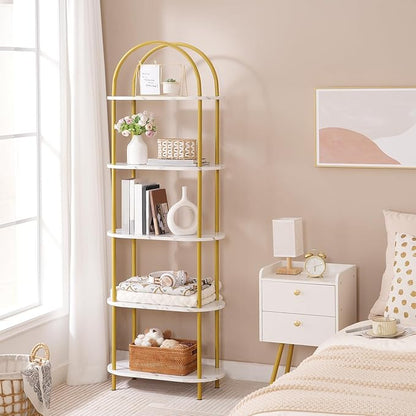 HOOBRO 5 Tier Open Bookshelf, Modern Arched Bookcase Display Shelf Racks, Wooden Bookcase Storage Shelves Metal Frame, Tall Storage Organizer for Living Room, Easy Assembly, Gold DM176SJ01