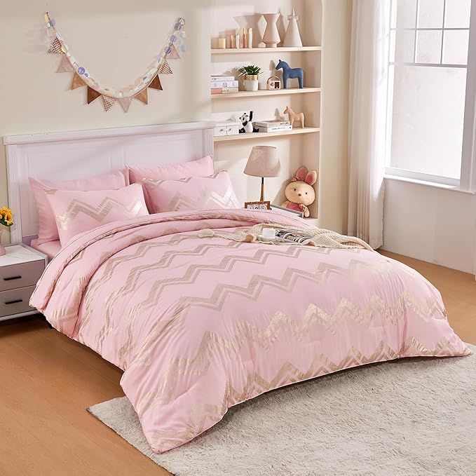 Wowelife 7 Pieces Pink Comforter Set King Size Gold Glitter Kids Bedroom Bedding Set Metallic Bed in a Bag for Girls with Comforter, Flat Sheet, Fitted Sheet 2 Pillow Shams and 2 Pillowcase