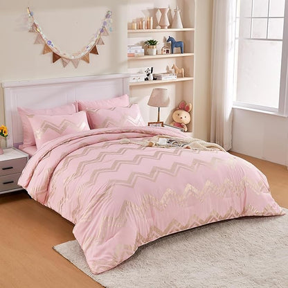 Wowelife 7 Pieces Pink Comforter Set King Size Gold Glitter Kids Bedroom Bedding Set Metallic Bed in a Bag for Girls with Comforter, Flat Sheet, Fitted Sheet 2 Pillow Shams and 2 Pillowcase