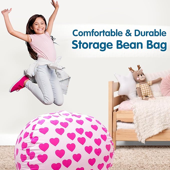 Lukeight Stuffed Animal Storage Bean Bag Chair Cover for Kids, Zipper Beanbag Chair Cover for Organizing Toddler & Kids' Rooms Plush Toys (Heart Velvet, Large)
