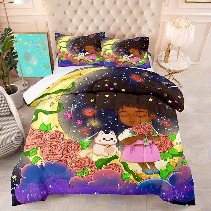 3Pcs Black Girl Bedding Set - Black Girl Twin Bedding Set for Girls, Ultra Soft Microfiber African Black Girls Room Set, Black Girls Twin Comforter Set for Girls, Full (1 Comforter 1 Pillowcases)