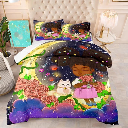 3Pcs Black Girl Bedding Set - Black Girl Twin Bedding Set for Girls, Ultra Soft Microfiber African Black Girls Room Set, Black Girls Twin Comforter Set for Girls, Full (1 Comforter 1 Pillowcases)