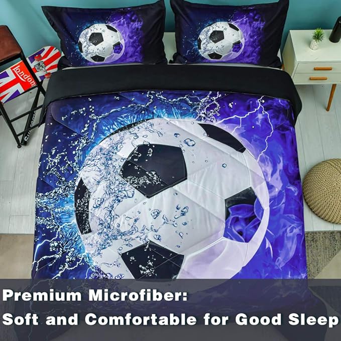 Andency 3D Soccer Comforter Queen(90x90 Inch), 3 Pieces(1 Soccer Comforter, 2 Pillowcases) Blue Flame Soccer Comforter Sport Microfiber Bedding Set for Boy Girl Kids Teens