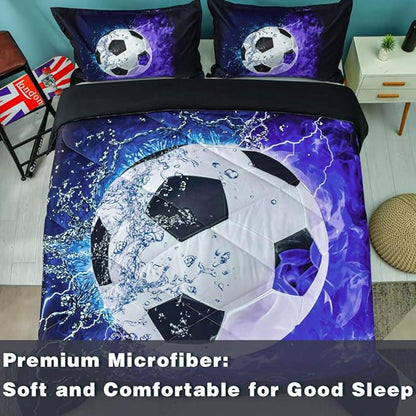 Andency 3D Soccer Comforter Queen(90x90 Inch), 3 Pieces(1 Soccer Comforter, 2 Pillowcases) Blue Flame Soccer Comforter Sport Microfiber Bedding Set for Boy Girl Kids Teens