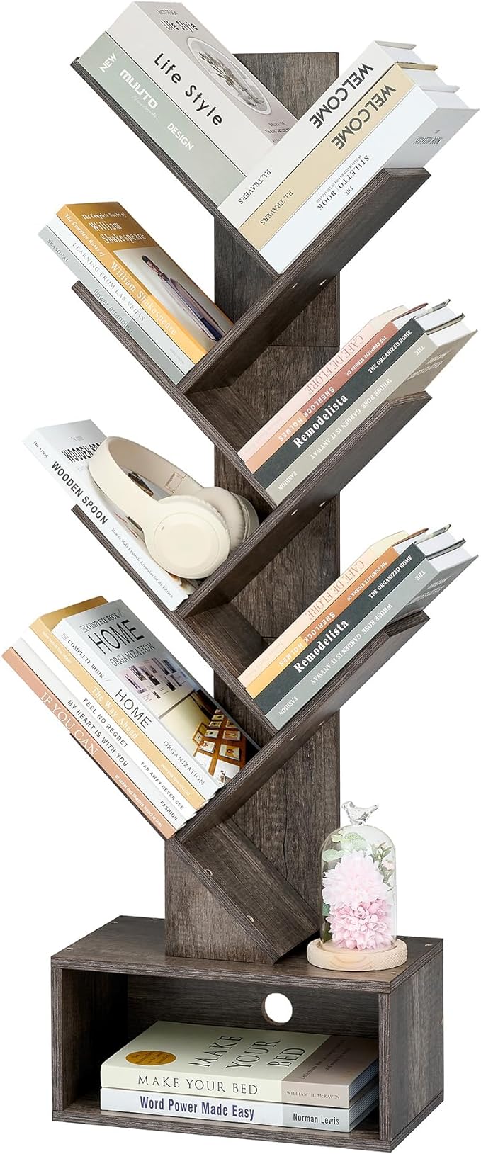 Hoctieon 6 Tier Tree Bookshelf, Tall Bookcase with Drawer, Freestanding Book shelf, Display Floor Standing Storage Shelf, Book Organizer Shelves for Home Office, Living Room, Bedroom, Grey