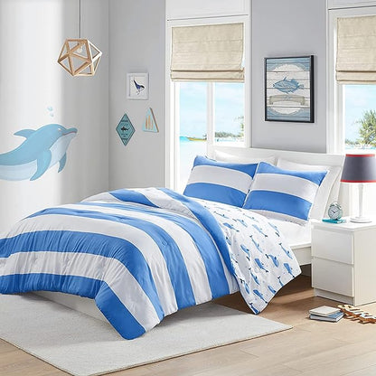 Mizone Kids Blake Reversible Dolphin Comforter Set - Adventure Animal Adorable Print with Stripe Reverse, Fun Bedroom Décor, Modern All Season Kids Bedding, Matching Sham, Full/Queen, Blue 3 Piece