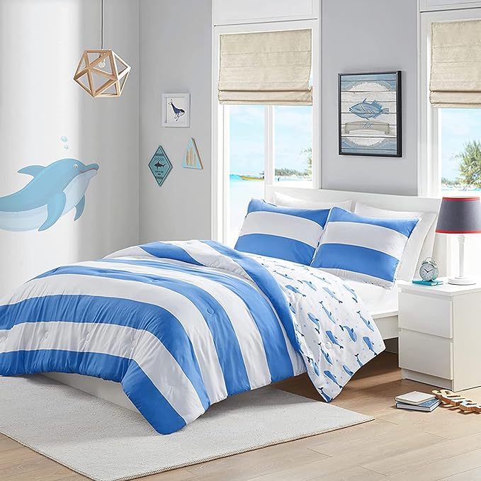 Mizone Kids Blake Reversible Dolphin Comforter Set - Adventure Animal Adorable Print with Stripe Reverse, Fun Bedroom Décor, Modern All Season Kids Bedding, Matching Sham, Blue 2 Piece, Full/Queen