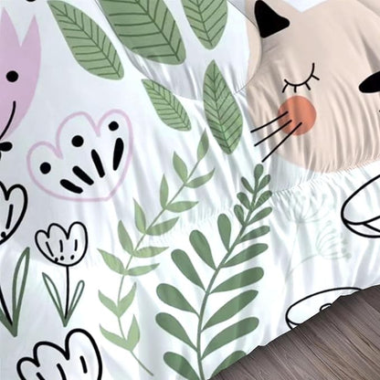 Floral Cat Bedding Full Size Cartoon Cats Comforter Set for Girls Boys Kids Teen Children Green Animals Print Bedroom Dorm Quilt 1 Comforter + 2 Pillow Cases