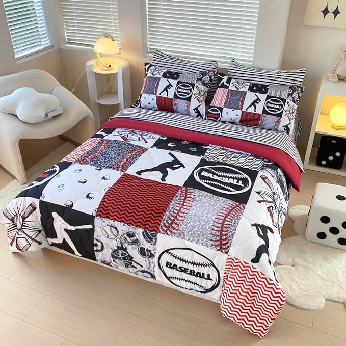 7 Piece Baseball Comforter Set Bed in A Bag Full Size 3D Softball Sports Bedding Set for Boys Kids Microfiber Comforter All Season (1 Comforter, 1 Flat Sheet, 1 Fitted Sheet, 4 Pillowcase)
