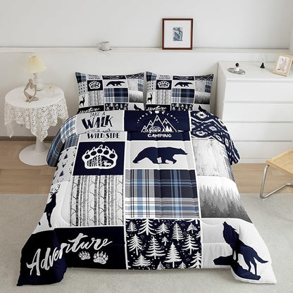 Manfei Deer Bear Kids Comforter Set Full Size,Wolf Hunting Adventure Rustic Bedding Set for Boys Girls Adults Room Decor,Geometric Plaids Patchwork Down Comforter,Blue Xmas Duvet Insert,2 Pillowcases