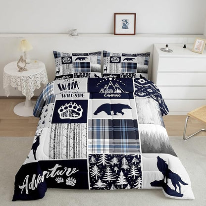 Manfei Deer Bear Kids Comforter Set Twin Size,Wolf Hunting Adventure Rustic Bedding Set for Boys Girls Adults Room Decor,Geometric Plaids Patchwork Down Comforter,Blue Xmas Duvet Insert,1 Pillowcase