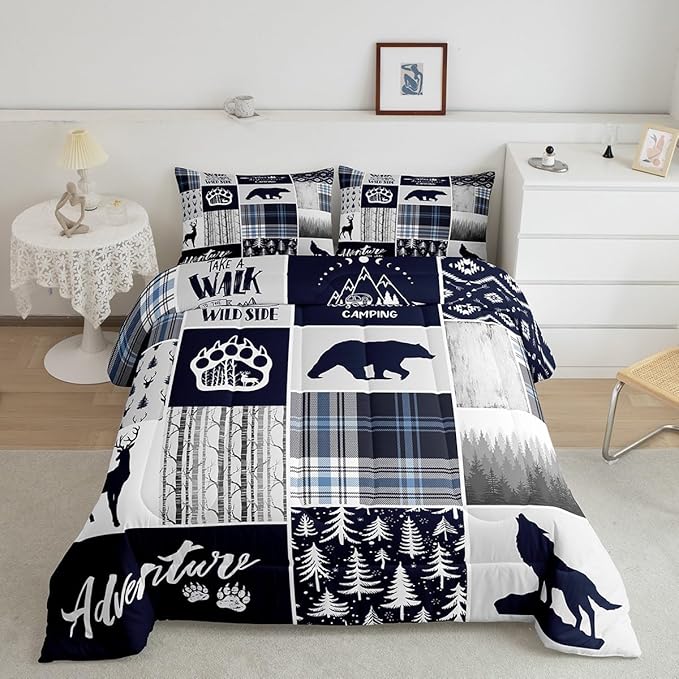 Manfei Deer Bear Kids Comforter Set King Size,Wolf Hunting Adventure Rustic Bedding Set for Boys Girls Adults Room Decor,Geometric Plaids Patchwork Down Comforter,Blue Xmas Duvet Insert,2 Pillowcases