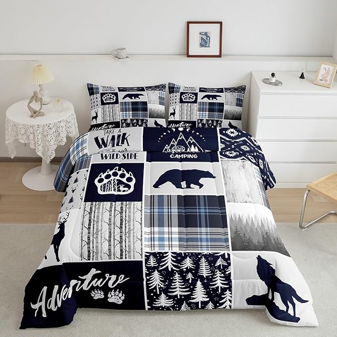 Deer Bear Kids Comforter Set Queen Size,Wolf Hunting Adventure Rustic Bedding Set for Boys Girls Adults Room Decor,Geometric Plaids Patchwork Down Comforter,Blue Xmas Duvet Insert,2 Pillowcases