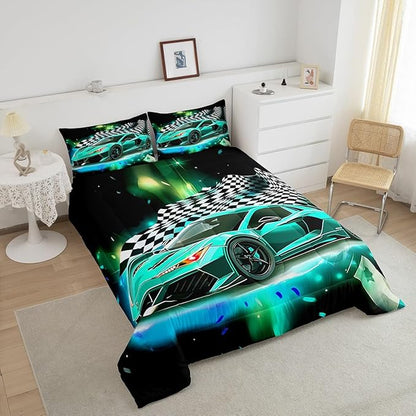 Teal Race Car Comforter Set King Size, Black White Lattice Bedding Set 2pcs for Kids Boys Teens Room Decor,Extreme Sport Games Quilt Set,Cool Modern Duvet Insert with 2 Pillowcases