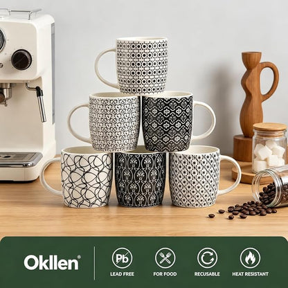 Okllen 6 Pack 11.5 Oz Coffee Mugs Geometric Textured, Ceramic Coffee Mugs Stylish Tea Cup Mugs Set Gift for Latte, Cappuccino, Milk, Water, Cocoa, Cereal, Black and White