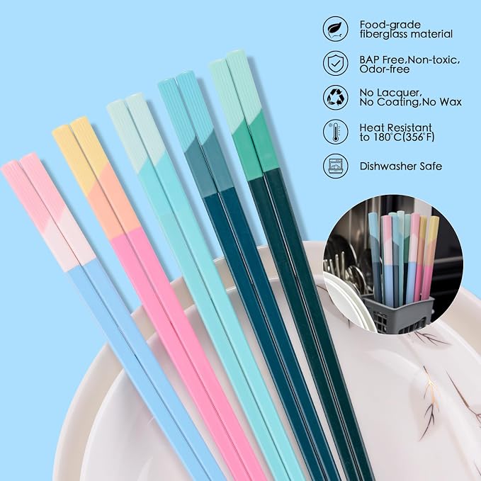 Chopsticks Reusable Dishwasher Safe, GLAMFIELDS 5 Pairs 9.5 Inches Premium Chop Sticks Set for Sushi, Ramen, Asian Cuisine, Matte Non-slip with Gift Case, Pink + Light Blue