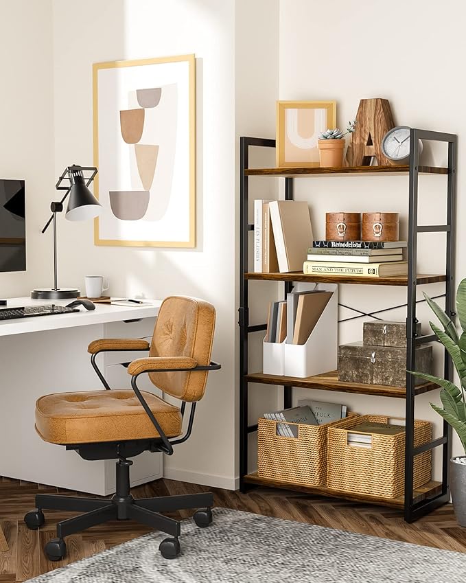 Pipishell Bookshelf, 4-Tier Bookcase, Storage Bookshelves, Tall Bookcase Shelf Storage Organizer, Book Shelf with Steel Frame, Vintage Standing Shelf for Home Office, Living Room, Bedroom, Kitchen