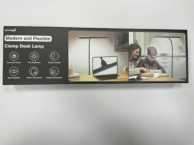 LED Desk Lamp for Home Office - 12W Desk Light Bar with Charger, 25 Lighting Modes, Eye-Caring Modern Flexible Gooseneck Clip Table Lamps for Monitor Study Office Workbench