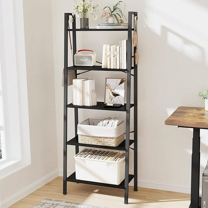 Ladder Shelf, Bookshelf Bookcase, Freestanding Corner Storage Shelve with 2 Hooks for Home Office, Living Room, Kitchen, Bedroom, Industrial, 5-Tier Black BC19304B