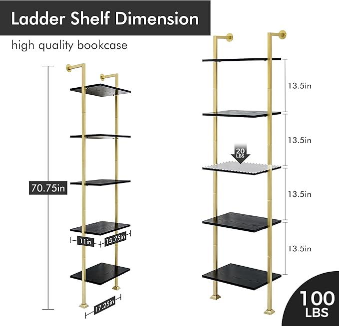 Axeman 5-Tier Ladder Bookcase, Tall Narrow Bookshelf for Small Spaces, Modern Book Storage Organizer Case Open Shelves for Bedroom, Living Room, Office, Library, Gold Metal Frame and Blakc Shelf
