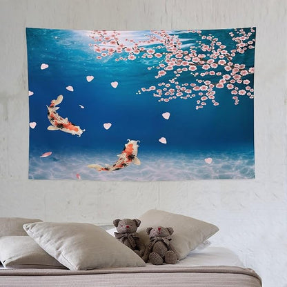 Japanese Koi Fish Tapestry, Cherry Blossoms Asian Oriental Blue Floral Branch Koi Fish Carp Tapestries Wall Hanging for Bedroom Living Room Office Decor 60"x40"