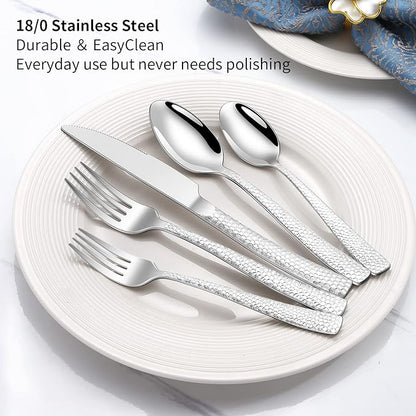40-Piece Silverware Set, Silver Hammered Stainless Steel Flatware Sets for 8, Food-Grade Tableware Set, Including Fork Knife Spoon Set, Home Kitchen Cutlery Sets, Dishwasher Safe
