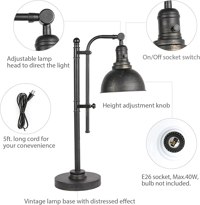 VONLUCE Rustic Desk Lamp Black Adjustable, Industrial Style Metal Task Lamp (25"-29"), Vintage Work Lamp, Farmhouse Reading Lamp in Aged Bronze Finish, ETL Certificate
