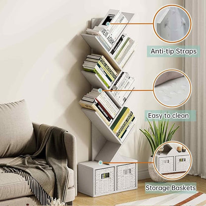 Vagusicc 6 Tier Tree Bookshelf - Modern Shelf Floor Standing Bookcase with Baskets, Tall Wood Book Storage Rack for Books/CDs, Tree Utility Book Organizer Shelves for Living Room, Home Office, Bedroom