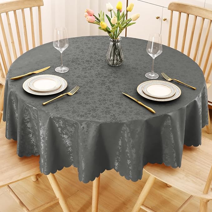 Smiry Round Waterproof Heavy Duty Vinyl Tablecloths, 60 x 60 Inch | Wipeable Washable Floral Embossed Table Cover for Kitchen and Dining Room, Indoor & Outdoor Use, Dark gray