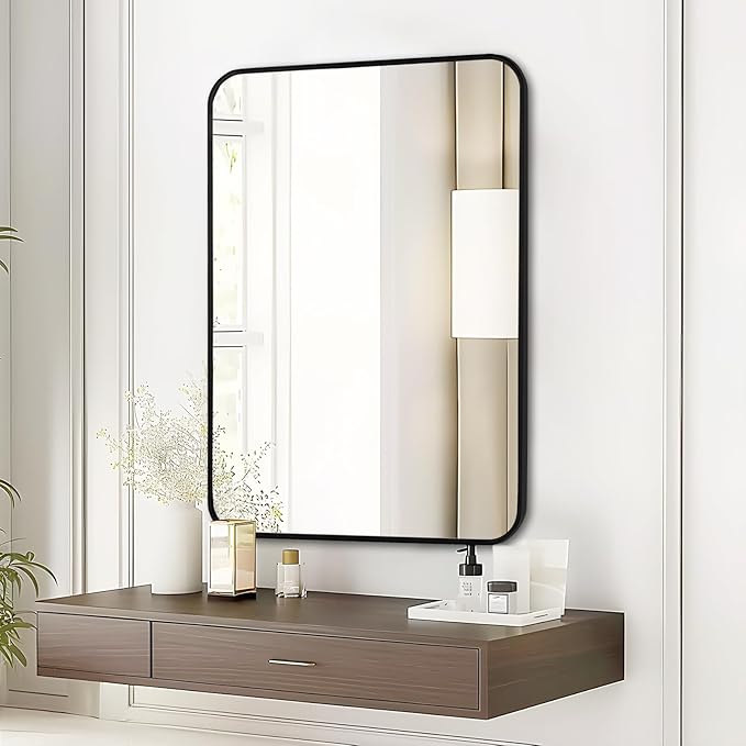 Fabuday Black Wall Mirror for Bathroom Over Sink - 20x30 Matte Metal Framed Rectangle Mirror, Rounded Rectangular Vanity Mirrors for Living Room, Bedroom, Entryway, Hallway, Horizontally/Vertically
