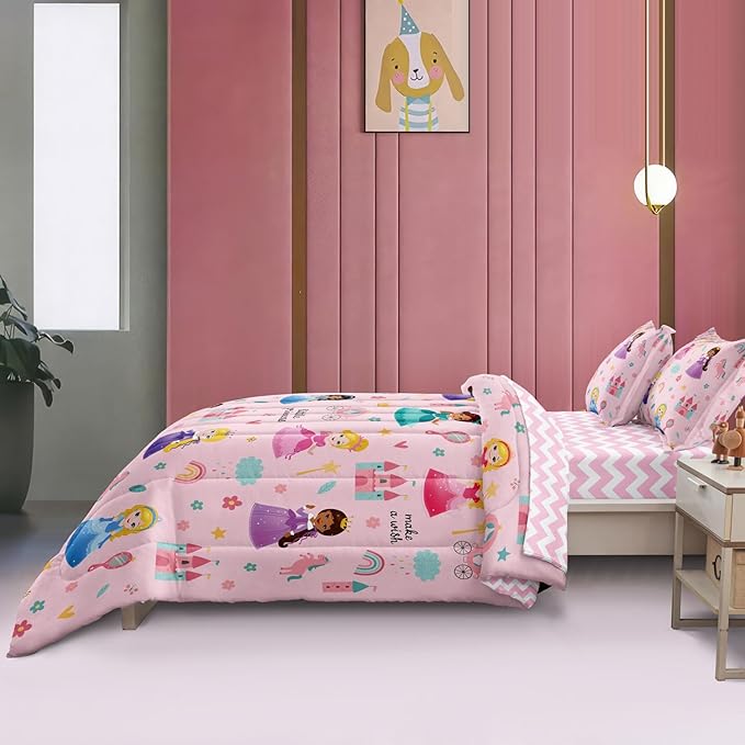 Kids Magical Princess Comforter Set Bed in a Bag Full Size- 5 Piece Soft Cute Castle Bedding Set for Girls (1 Comforter, 1 Flat Sheet, 1 Fitted Sheet, 2 Pillowcases), Pink