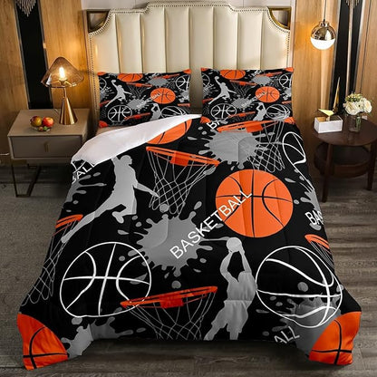 Basketball Bedding Set Tie Dye Down Comforter Passionate Sports Games Comforter Set for Kids Boys Man Jumping Up Shooting Action Quilt Set with 1 Comforter and 2 Pillow Cases King Size Orange Black