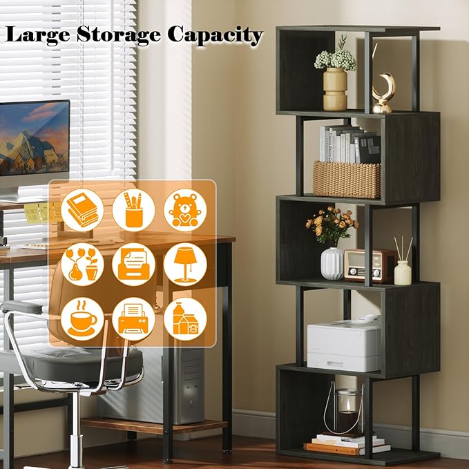 Furologee 6 Tier Bookshelf Tall Geometric Bookcase, S-Shaped Industrial Display Standing Shelf, Metal and Wood Decorative Storage Room Divider Shelves for Bedroom, Living Room, Office, Light Black Oak