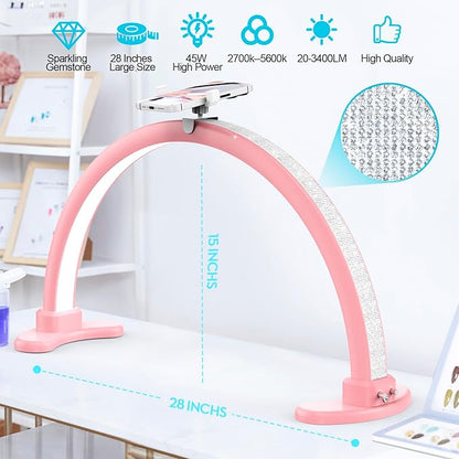 Large Half Moon LED Light for Table Nail Desk Lamp, Upgrade Arch Light for Nail Techs with Phone Stand Perfect for Nails Tech Manicure (Pink)