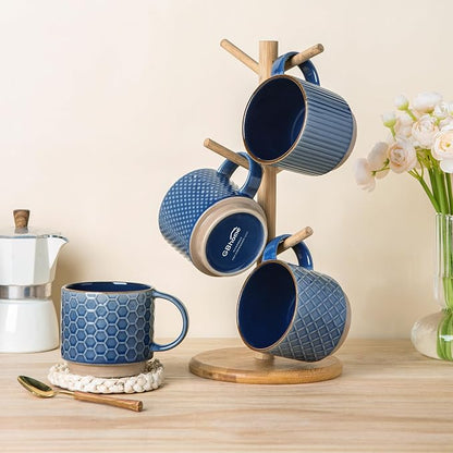 GBhome 12 OZ Stackable Coffee Mugs Set of 4, Ceramic Coffee Cups Set | Coffee Mugs With Stand, Dishwasher&Microwave Safe, 4 Assorted Designs