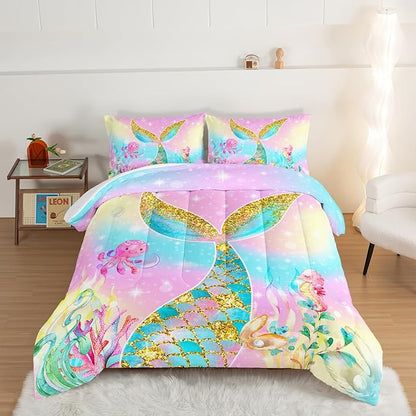 HOSIMA Mermaid Comforter with 2 Pillowcases,Girly Rainbow Bedding Set Mermaid Tail Comforter,Glitter Gold Fish Scales King Size Comforter Set,Cute Sea Animal Octopus Seahorse Comforter.