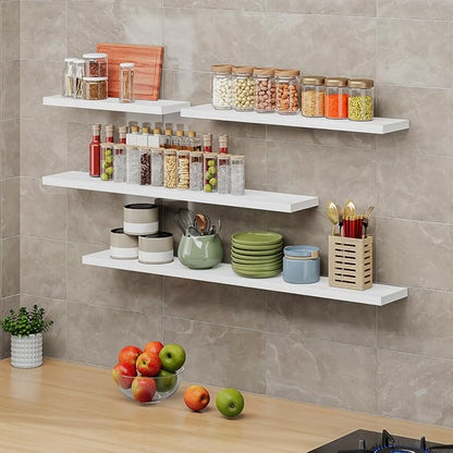 SAUMONIERES Floating Shelves 8 Inch Deep Solid Wood Wide Wall Shelf Set of 1 Wall Mounted for Bedroom Bathroom Living Room Kitchen, 55 Inch White