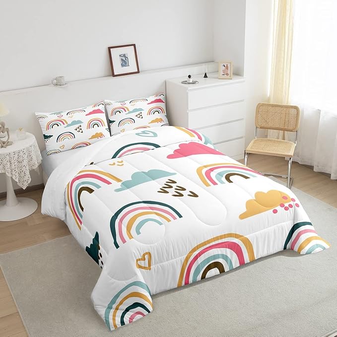 Rainbow Comforter Set Full for Kids Girls Child,Colorful Girly Rainbow Bedding for Girls Bedroom,Cartoon Sun and Star Inner Fill Graffiti Striped Painting Quilt with 2 Pillow Shams Home Room Decor