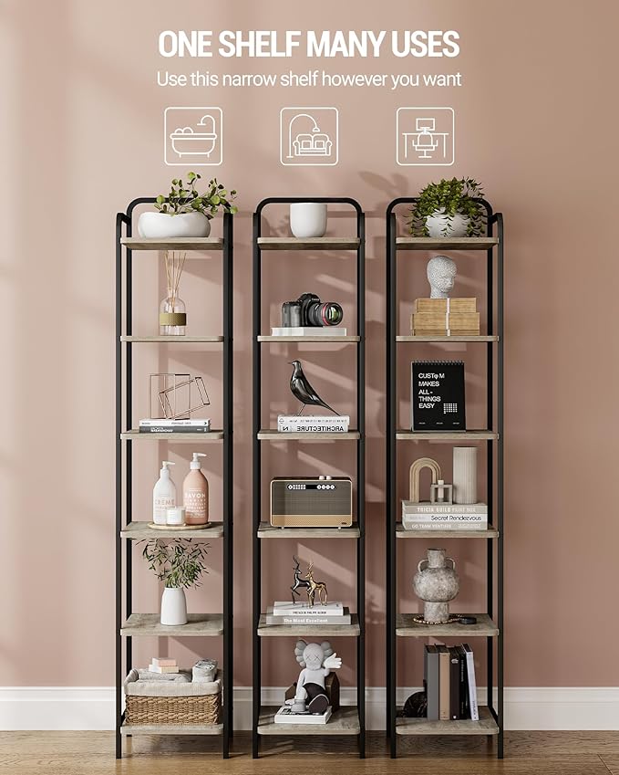 Bookcase Bookshelf, Narrow Book Shelf, Industrial Coner Shelf Storage Organizer, Slim Shelving Unit for Home Office, Living Room, Bedroom, Kitchen, 6-Tier Greige BC24605B