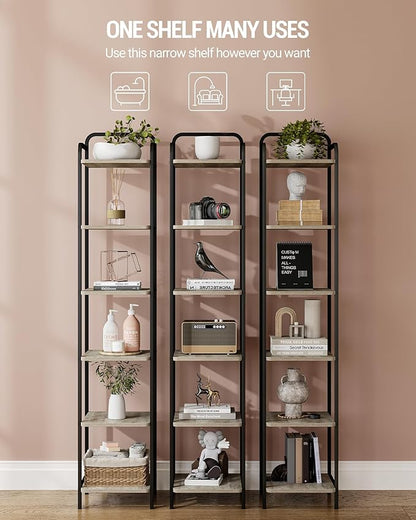 Bookcase Bookshelf, Narrow Book Shelf, Industrial Coner Shelf Storage Organizer, Slim Shelving Unit for Home Office, Living Room, Bedroom, Kitchen, 6-Tier Greige BC24605B