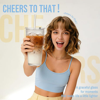 SoulTimes 20oz Wave Ribbed Glass Tumbler with Lid and Straw – Iced Coffee Glasses Cups for Smoothie, Matcha, Juice, Water etc. Leakproof and Reusable Glassware Drinking for Daily & Travel To Go [6Pcs]